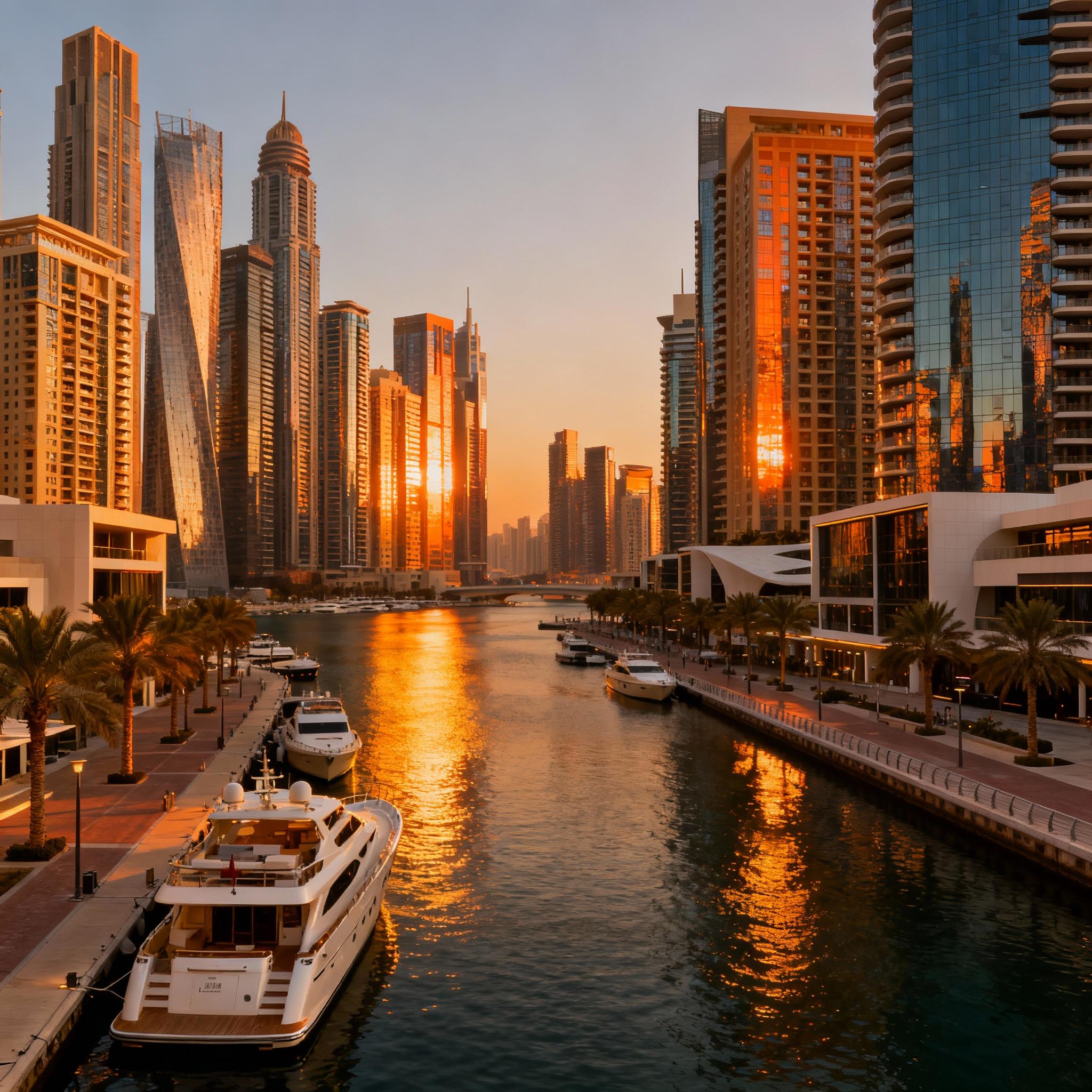 Dubai City view with buildings, boats and trees